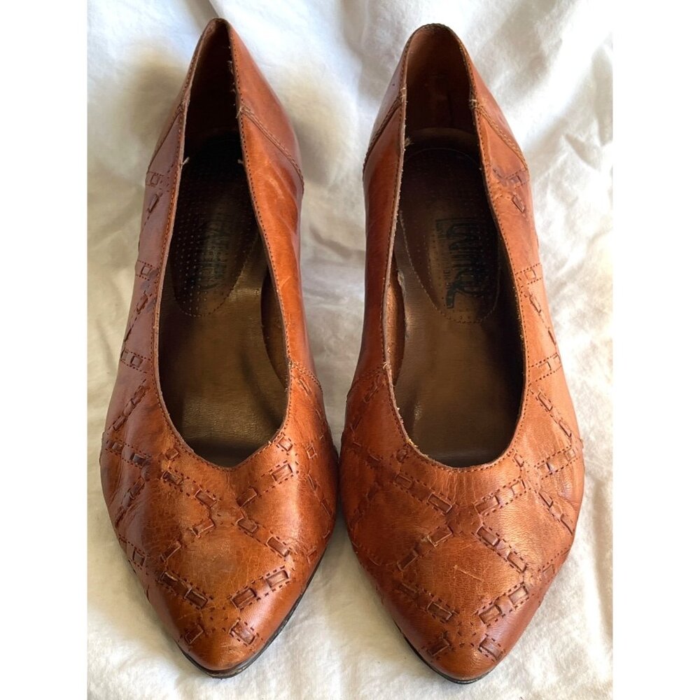 Vtg Leather Kitten Heel Brown Pumps Shoes Rustic Boho Stitch Accent Casual Wom 8 - Picture 2 of 13